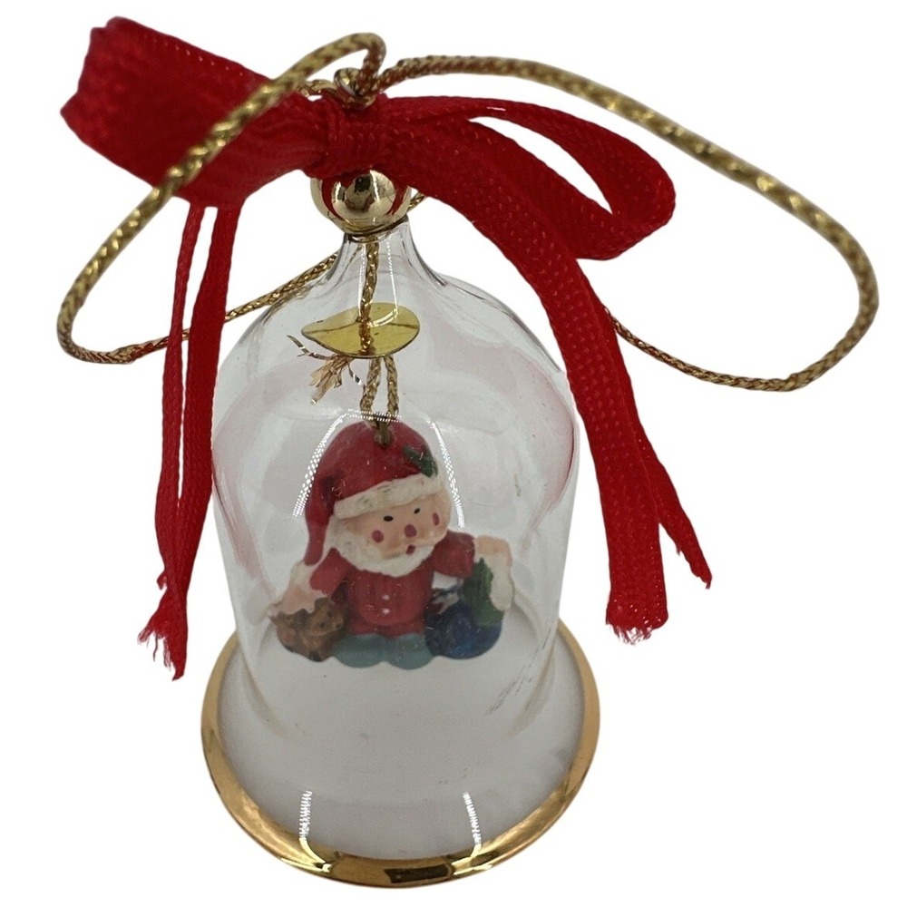Giftco Crystal Bell Ornament with Santa Claus‎ Real Gold Trim Red Ribbon